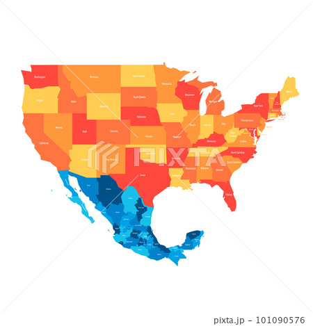 United States and Mexico political map of administrative divisions. Colorful vector map with labels. 101090576