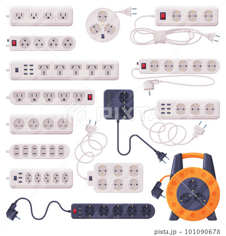 Extension Sockets with Plug and Power Cord as Electric Current Equipment with Different Port Connector Vector Set 101090678