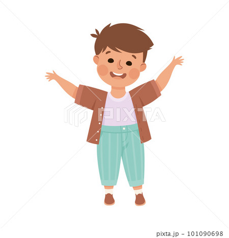 Joyful little boy with happy face expression. Cute boy dressed casual clothes standing with his hands raised cartoon vector illustration 101090698