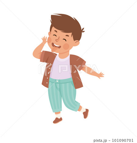 Little boy sticking out her tongue and teasing. Cute mischievous boy dressed casual clothes cartoon vector illustration 101090701