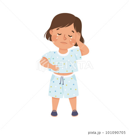 Cute little girl crying with tears. Upset brown haired girl dressed t-shirt and shorts cartoon vector illustration 101090705