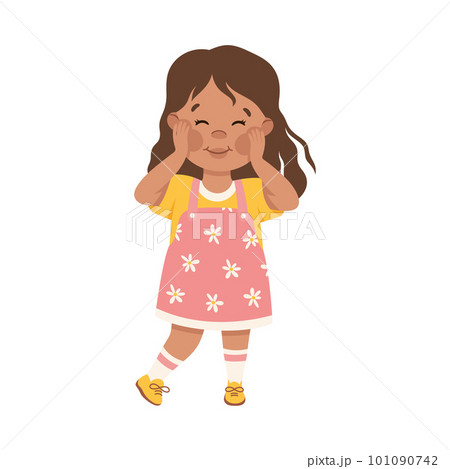 Cute little girl with happy face expression. Brunette girl dressed yellow t-shirt and pink sundress standing with her hands on cheeks cartoon vector illustration 101090742