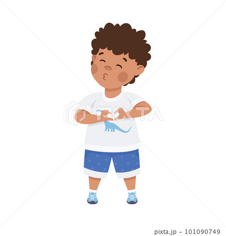 Cute little boy giving kiss and making love gesture. Dark haired curly boy dressed white t-shirt and blue shorts joining hands in heart shape cartoon vector illustration 101090749