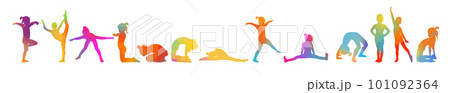 Girls gymnast colored silhouettes. School of children's gymnastics . Vector illustration 101092364