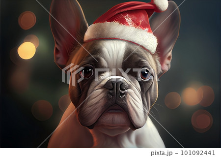 Funny dog, French bulldog, in red Santa Claus cap, close-up 101092441