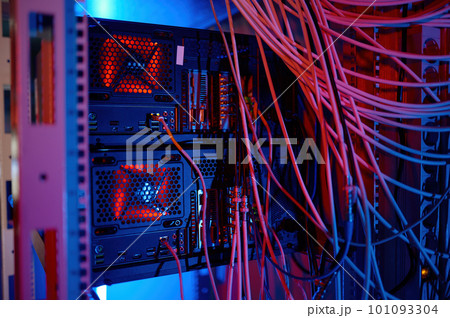 Network panel, switch and cable in data center with neon light tone 101093304
