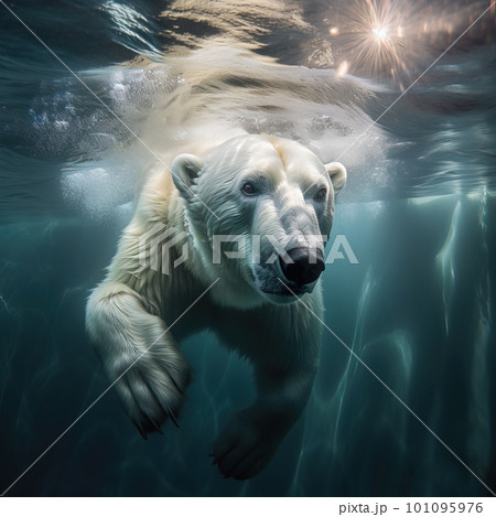Polar Bear Swims Underwater . AI generated Illustration. 101095976