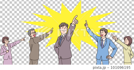 目指す_指差す_会社員_カラー_5人で一カ所を目指す_背景イエローあり 101096195