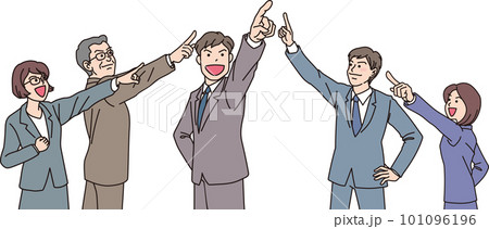 目指す_指差す_会社員_カラー_5人で一カ所をゆびさす 目指す_指差す_会社員_カラー_5人で一カ所をゆびさす 101096196