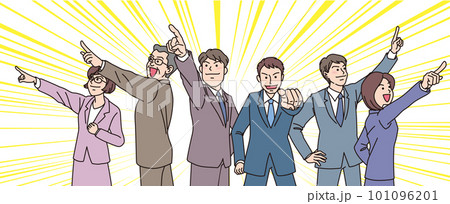 目指す_指差す_会社員_カラー_5人でそれぞれの方向ををゆびさす_集中線あり 101096201
