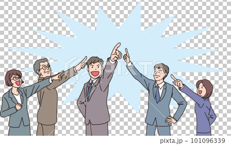 Aiming _ pointing _ office worker _ color _ 5 people aiming for one place _ background light blue 101096339