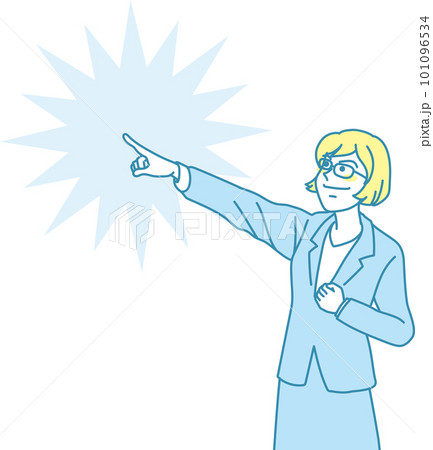 目指す_指差す_会社員_シアンイエロー_左上を指差すメガネの女性会社員 101096534