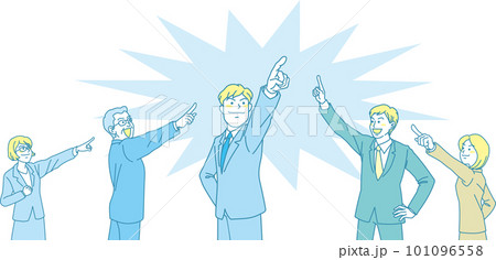 目指す_指差す_会社員_シアンイエロー_5人で中央を目指す_背景色あり 101096558
