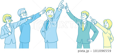 目指す_指差す_会社員_シアンイエロー_5人で中央を指差す 101096559