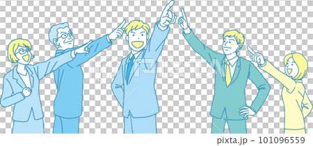 目指す_指差す_会社員_シアンイエロー_5人で中央を指差す 101096559
