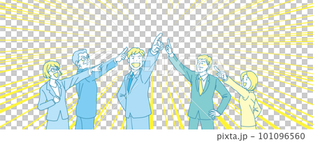 Aiming _ pointing _ office worker _ cyan yellow _ 5 people pointing to the center _ background concentration line 101096560