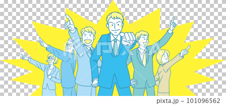 目指す_指差す_会社員_シアンイエロー_5人でそれぞれの方向を指差す 101096562