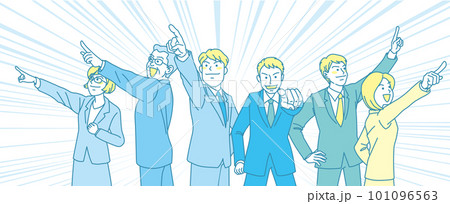 目指す_指差す_会社員_シアンイエロー_5人でそれぞれの方向を指差す_背景集中線あり 101096563