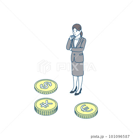 お金、通貨について考えるスーツ姿の女性　アイソメトリック 101096587