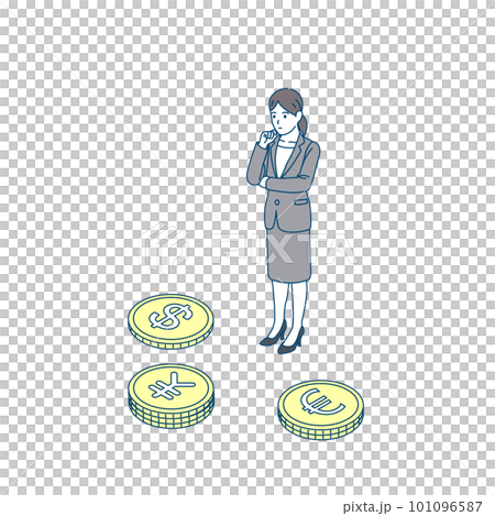 一個穿著西裝的女人在考慮金錢和貨幣等距 101096587