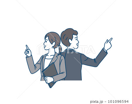 左右に指を差すスーツ姿の男女、ビジネスパーソンのイラスト 左右に指を差すスーツ姿の男女、ビジネスパーソンのイラスト 101096594