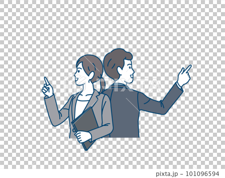 左右に指を差すスーツ姿の男女、ビジネスパーソンのイラスト 左右に指を差すスーツ姿の男女、ビジネスパーソンのイラスト 101096594