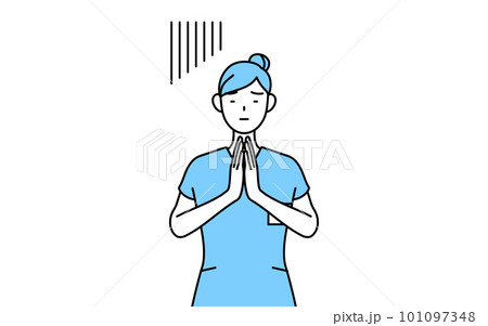 体の前で手を合わせて謝る女性看護師、理学療法士、作業療法士、言語聴覚士、看護助手 101097348