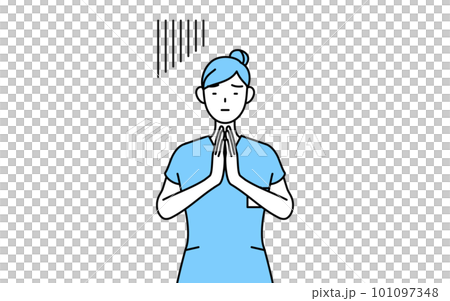 体の前で手を合わせて謝る女性看護師、理学療法士、作業療法士、言語聴覚士、看護助手 101097348