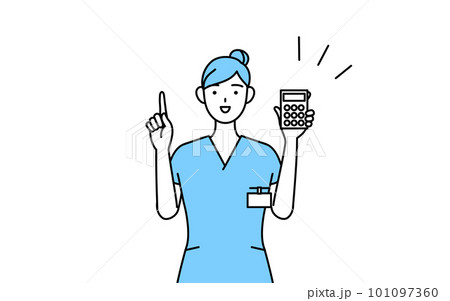 電卓を持って指さす女性看護師、理学療法士、作業療法士、言語聴覚士、看護助手 101097360