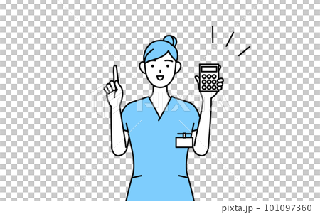 電卓を持って指さす女性看護師、理学療法士、作業療法士、言語聴覚士、看護助手 101097360