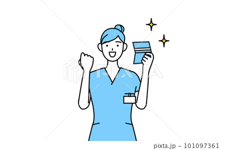 預金通帳を見て喜ぶ女性看護師、理学療法士、作業療法士、言語聴覚士、看護助手 101097361