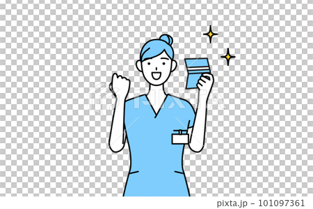 預金通帳を見て喜ぶ女性看護師、理学療法士、作業療法士、言語聴覚士、看護助手 101097361