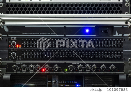 Old and Dirty Electronic Sound Mixer Equalizer in the Professional Music Sound Studio Old and Dirty Electronic Sound Mixer Equalizer in the Professional Music Sound Studio 101097688