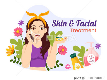 Facial and Skin Treatment Illustration with Women Skin Care, Anti Age Procedure, Massage or SPA Wellness in Flat Cartoon Hand Drawn Templates 101098010
