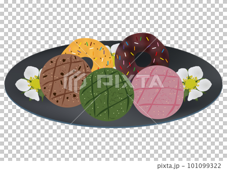 "3 types of cookies" and "2 types of colorful donuts" blue plate floral pattern 101099322