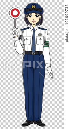 丸の札を持つ白ワイシャツの女性警察官（全身） 101099738