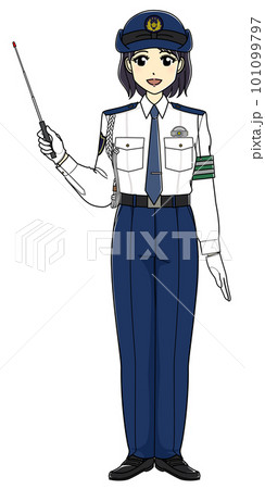 指示棒を持つ白ワイシャツの女性警察官(全身・笑顔) 指示棒を持つ白ワイシャツの女性警察官(全身・笑顔) 101099797
