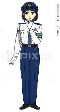 しーっのポーズをする白ワイシャツの女性警察官（全身） 101099800