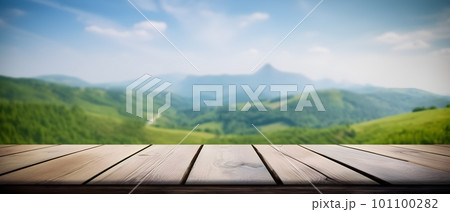 generative AI. Natural Escape: Empty Old Wooden Table in Front of Green Mountain and Blue Sky generative AI. Natural Escape: Empty Old Wooden Table in Front of Green Mountain and Blue Sky 101100282