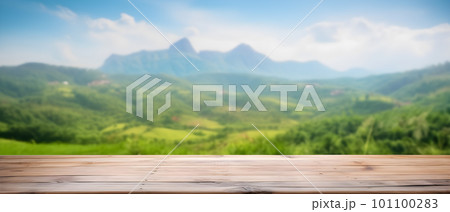generative AI. Natural Escape: Empty Old Wooden Table in Front of Green Mountain and Blue Sky 101100283
