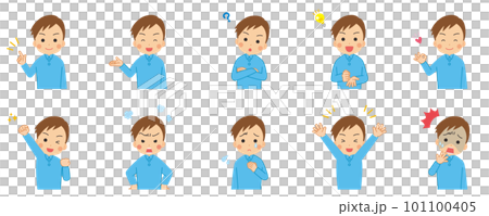 Illustration set of a cute young man doing various poses, emotions, variations, white background Illustration set of a cute young man doing various poses, emotions, variations, white background 101100405