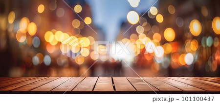 generative AI. Festive Winter Wonderland: Empty Wooden Table Covered in Christmas Snow and Bokeh Lights. generative AI. Festive Winter Wonderland: Empty Wooden Table Covered in Christmas Snow and Bokeh Lights. 101100437