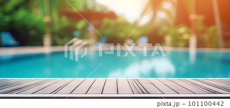 generative AI. Summer Serenity: Empty Board Table in Front of a Sparkling Swimming Pool with Blurred Background 101100442