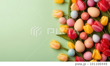 Happy easter holiday greeting background with tulips and decorative eggs in various colors 101100449