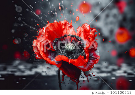 Red poppy as a symbol of memory for the fallen in the war. VE-Day, World War remembrance day. Generative AI illustration 101100515