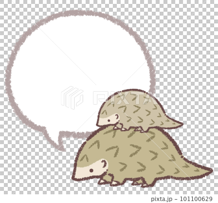 Pangolin parent and child and speech bubble line drawing 101100629