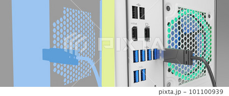 Connecting Device to USB Port on back side of Computer 3d render with colored alpha Connecting Device to USB Port on back side of Computer 3d render with colored alpha 101100939