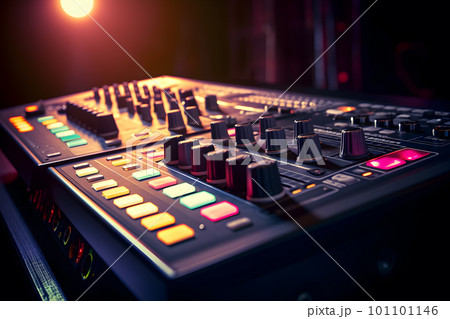 Generative AI. Clubbing Beats: Close-up of DJ Sound Mixer with Glowing Lights. Generative AI. Clubbing Beats: Close-up of DJ Sound Mixer with Glowing Lights. 101101146