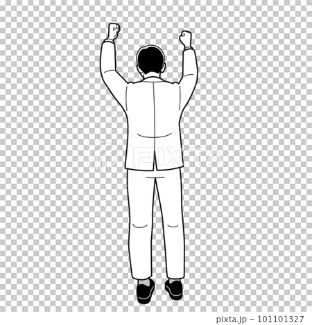 一個以膽量姿勢歡欣鼓舞的男人的後視圖 一個以膽量姿勢歡欣鼓舞的男人的後視圖 101101327