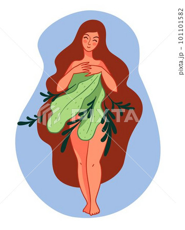 Naked woman covering body with foliage wide leaf 101101582